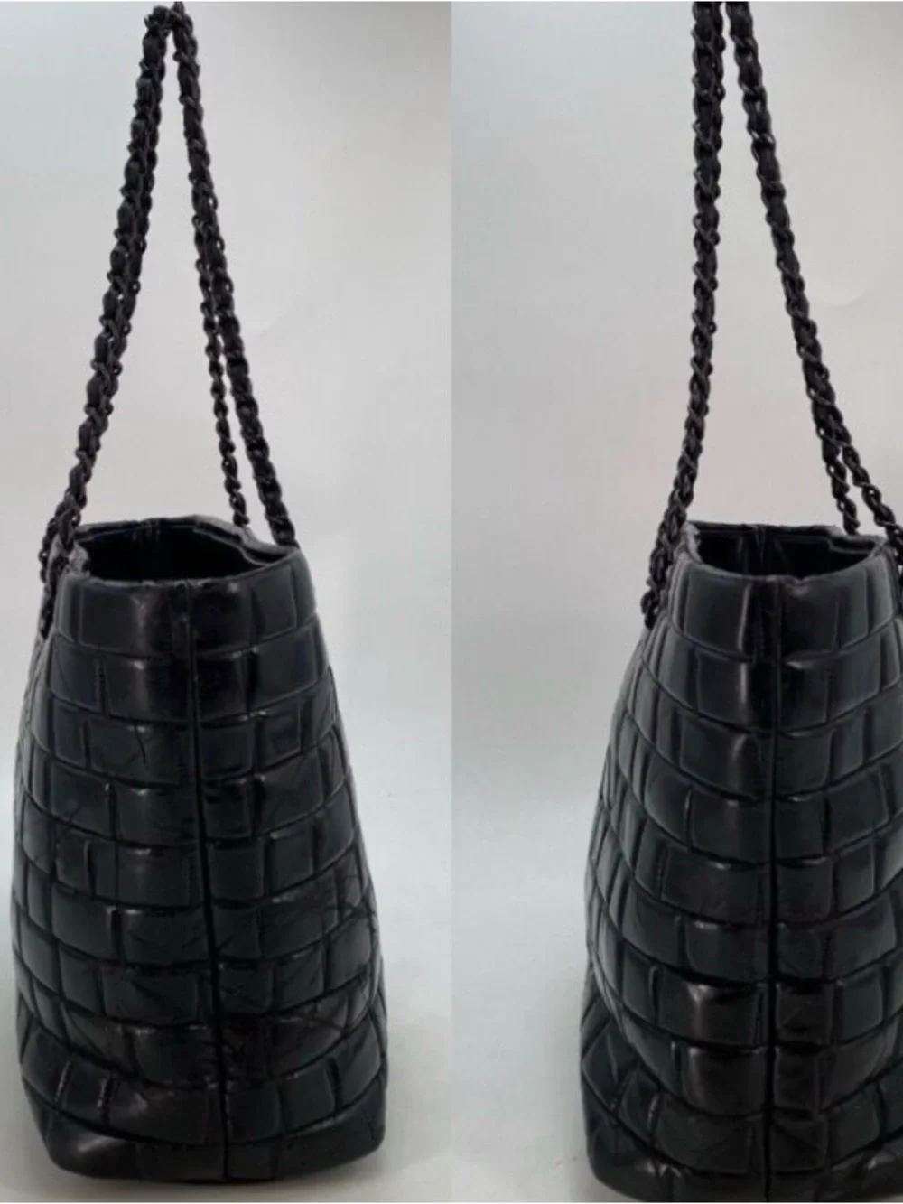 Chanel Tote Chocolate Bar Big CC Logo Chain Black Business Travel
